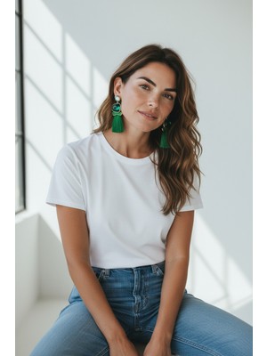 Alya's Aksesuar Parlak Taşlı Ipli Püskül Tasarımlı Sallantılı Küpe