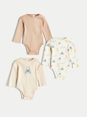 LC Waikiki Ekru Baskılı Kız Uzun Kollu Erkek Bebek Çıtçıtlı Body 3'lü