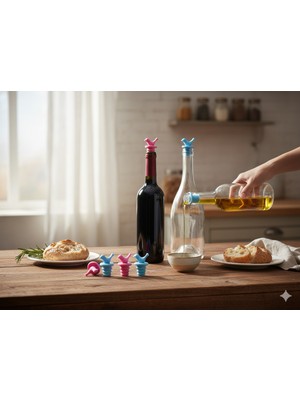 Righton 8'li Silikon Kuş Figürlü Şişe Tıpası Seti - 4 Pembe 4 Mavi Sızdırmaz Şarap, Yağ ve Sos Şişesi Tıpası