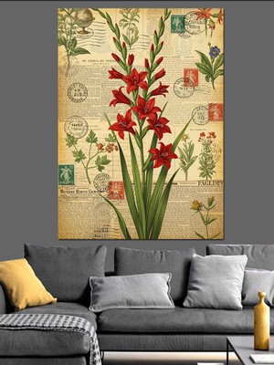 Tablomega Kırmızı Çiçekler Botanik Çizim Dekoratif Kanvas - Mdf Ahşap Tablo