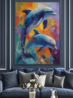 Tablomega Denizde Atlayan Yunuslar Tablosu Dekoratif Kanvas - Mdf Ahşap Tablo