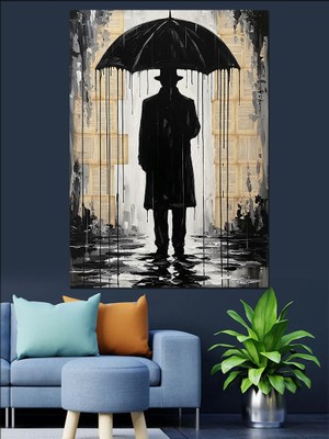 Tablomega Yağmurda Şemsiyeli Adam Silüeti Dekoratif Kanvas - Mdf Ahşap Tablo