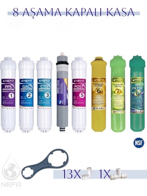 Nefa Tüm Kapalı Kasalar ve İhlas (Silver,plus,platinum Uyumlu), 8'li Filtre Seti, (Çift Karbonlu), 80 Gpd Su Arıtma Filtre Seti