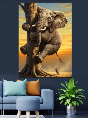 Karizma Tablo Ağaca Tırmanan Fil Dekoratif Kanvas - Mdf Ahşap Tablo