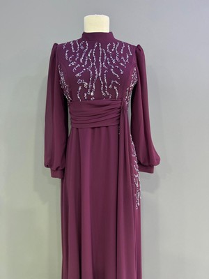 Miss Elegans Şifon Taşlı Işlemeli Lavanta Tesettür Abiye