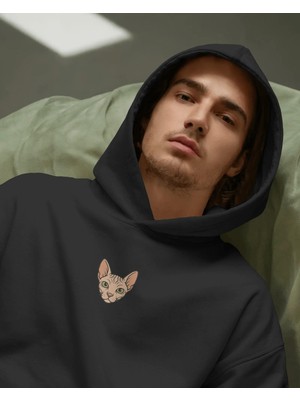 Muhtar Store Sphynx Kedili Hoodie Unisex %100 Pamuk | Siyah Kapüşonlu Sweatshirt Göğüs Ortası Minimal Logo