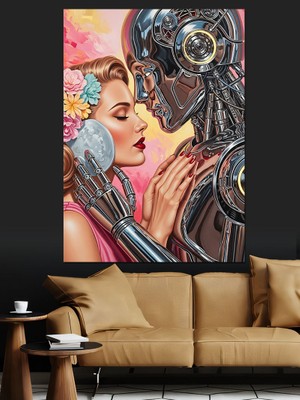 Karizma Tablo Robot ve Insan Öpücüğü Dekoratif Kanvas - Mdf Ahşap Tablo