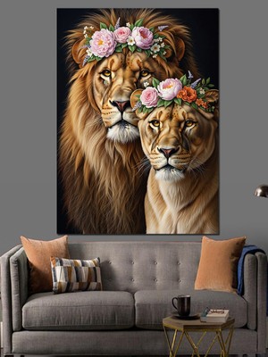 Tablomega Çiçek Taçlı Aslan Çifti Dekoratif Kanvas - Mdf Ahşap Tablo