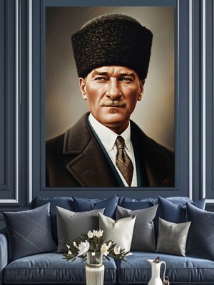 Tablomega Kalpaklı Atatürk Portresi Tablosu Dekoratif Kanvas - Mdf Ahşap Tablo