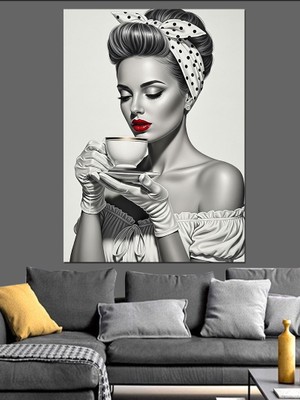Tablomega Kahve Içen Retro Kadın Dekoratif Kanvas - Mdf Ahşap Tablo
