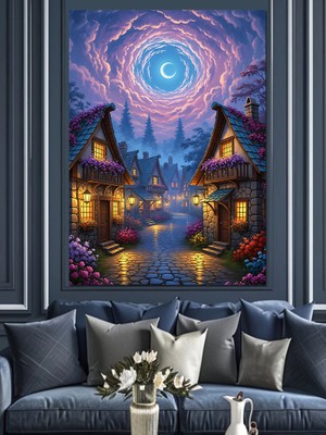 Tablomega Masalsı Gece Köy Manzarası Dekoratif Kanvas - Mdf Ahşap Tablo