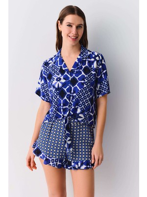 Dream Fashion Lacivert Desenli Perla Gömlek Yaka Şort Pijama Takımı