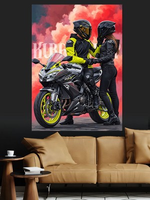 Tablomega Motosikletli Çift Aşk Öpücük Dekoratif Kanvas - Mdf Ahşap Tablo