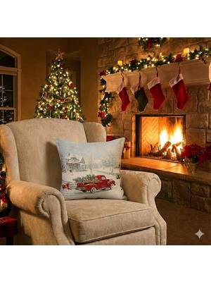 BELIEVE VİNTAGE KIRMIZI KAMYONET YILBAŞI KAR  MANZARASI JAKARLI DOKUMA GOBLEN YILBAŞI SİMLİ 45*45 KIRLENT