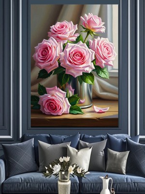 Tablomega Vazoda Pembe Güller Tablosu Dekoratif Kanvas - Mdf Ahşap Tablo