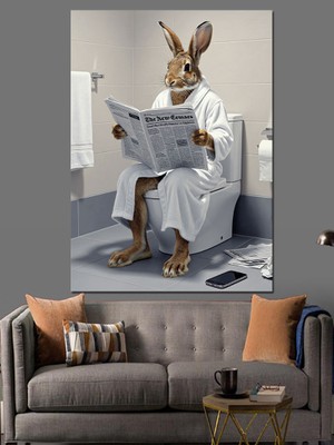 Artmeg Tuvalette Gazete Okuyan Tavşan Dekoratif Kanvas - Mdf Ahşap Tablo