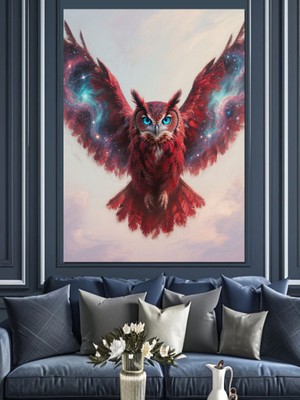 Artmeg Kırmızı Baykuş Fantastik Çizim Dekoratif Kanvas - Mdf Ahşap Tablo