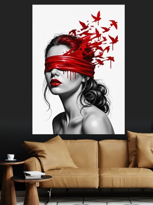 Artmeg Kuşlu Kadın Sanatsal Portre Dekoratif Kanvas - Mdf Ahşap Tablo