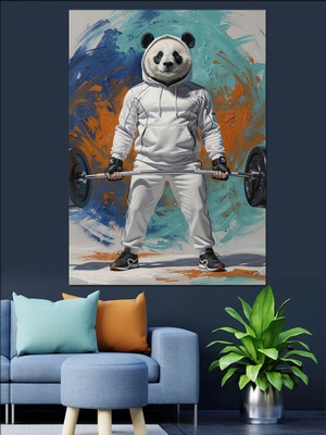 Artmeg Halter Kaldıran Panda Sporcu Dekoratif Kanvas - Mdf Ahşap Tablo