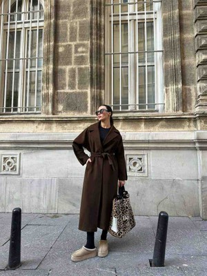 Melek Kostak Acı Kahve Oversize %78YÜN, %22PAMUK Premium Kol Kemer Detaylı Kuşaklı Uzun Kaşe Kaban