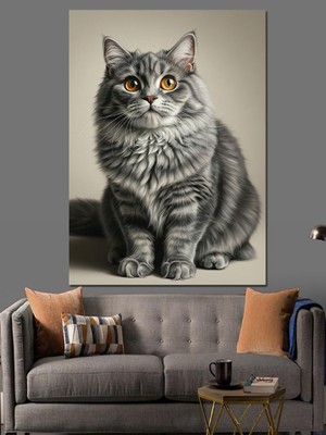 Artmeg Gri Kedi Stüdyo Portresi Dekoratif Kanvas - Mdf Ahşap Tablo