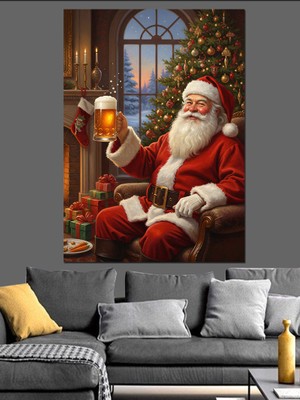 Artmeg Bira İçen Noel Baba Dekoratif Kanvas - Mdf Ahşap Tablo