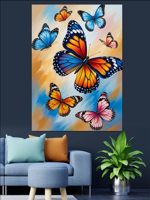 Artmeg Renkli Uçuşan Kelebek Grubu Dekoratif Kanvas - Mdf Ahşap Tablo