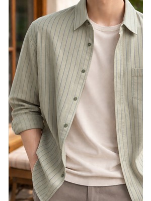 Varetta Erkek Çağla Yeşili Uzun Kollu Gömlek Çizgili Klasik Kesim Cepli Casual Gömlek