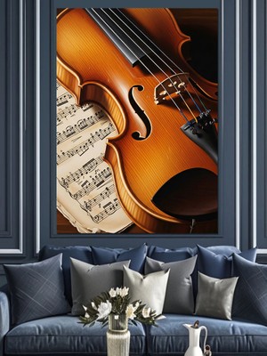 Tablomega Keman ve Müzik Notaları Dekoratif Kanvas - Mdf Ahşap Tablo