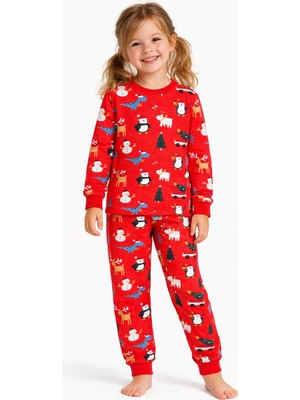Kr Kids Butik Yılbaşı Temalı Erkek Çocuk Pijama Takımı Kırmızı Penguen Desenli %100 Pamuk 3-12 Yaş