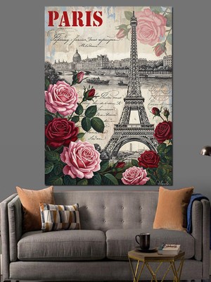 Tablomega Paris Eyfel Kulesi Güller Dekoratif Kanvas - Mdf Ahşap Tablo