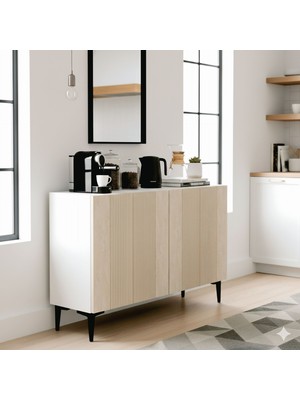 Yumedi Design KA1203BT - Tarçın Konsol, Tv Sehpası, Çok Amaçlı Dolap ve Kahve Köşesi 120CM Beyaz-Traverten