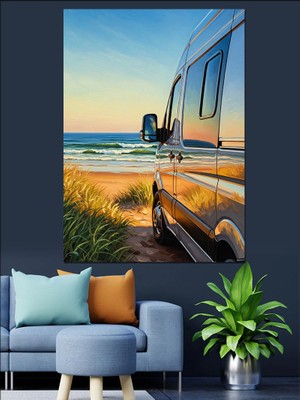 Karizma Tablo Plajda Kamp Yapan Minibüs Dekoratif Kanvas - Mdf Ahşap Tablo