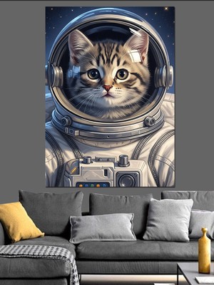 Karizma Tablo Uzay Giysisi Giyen Kedi Dekoratif Kanvas - Mdf Ahşap Tablo