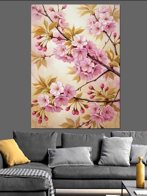 Karizma Tablo Pembe Bahar Dalı Çiçekleri Dekoratif Kanvas - Mdf Ahşap Tablo