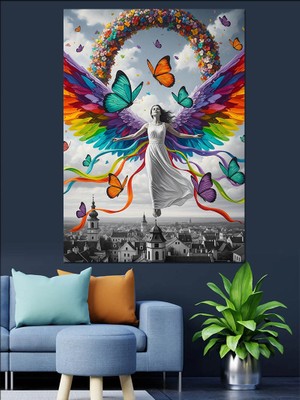 Tablomega Gökkuşağı Kanatlı Melek Kadın Dekoratif Kanvas - Mdf Ahşap Tablo