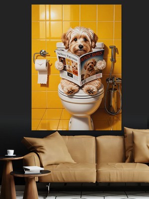 Karizma Tablo Tuvalette Dergi Okuyan Köpek Resmi Dekoratif Kanvas - Mdf Ahşap Tablo