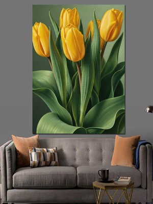 Tablomega Sarı Lale Çiçek Buketi Dekoratif Kanvas - Mdf Ahşap Tablo