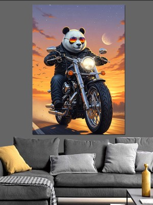 Karizma Tablo Motosiklet Süren Panda Resmi Dekoratif Kanvas - Mdf Ahşap Tablo