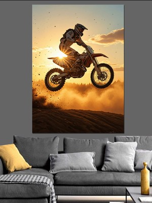 Artmeg Gün Batımı Motokros Silüeti Dekoratif Kanvas - Mdf Ahşap Tablo