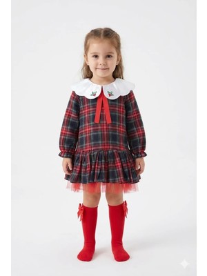 Mini Baray Kız Çocuk Kırmızı Ekose Elbise Çorap Hediyeli - Kokina Işlemeli Tütülü Kıyafet