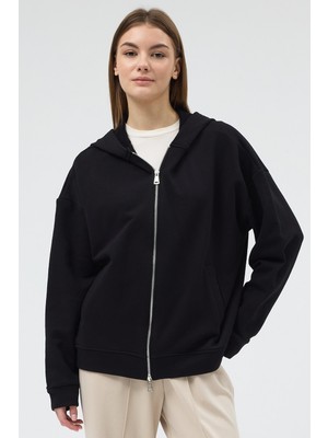 Rays Siyah Kapüşonlu Fermuarlı Oversize Kadın Hırka 3116A