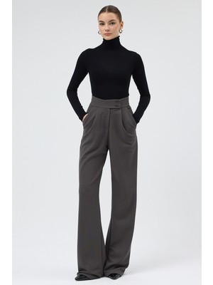 Rays Antrasit Yüksek Bel Çift Düğmeli Geniş Paça Kadın Pantolon 5010