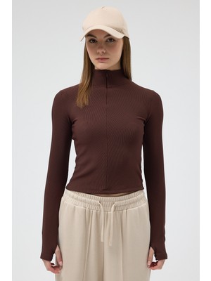 Rays Acı Kahve Fermuarlı Dik Yaka Uzun Kollu Fitilli Bluz 2447