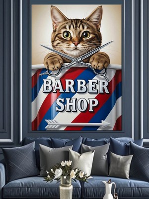 Tablomega Berber Kedisi Makas Tarak Dekoratif Kanvas - Mdf Ahşap Tablo