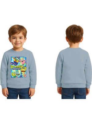 Sedirli Unisex Sünger Bob Baskılı Çocuk Swaetshirt 3 Iplik Şardonlu