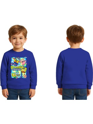 Sedirli Unisex Sünger Bob Baskılı Çocuk Swaetshirt 3 Iplik Şardonlu