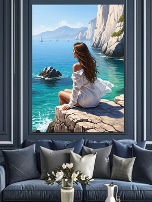 Tablomega Deniz Manzarasında Oturan Kadın Dekoratif Kanvas - Mdf Ahşap Tablo