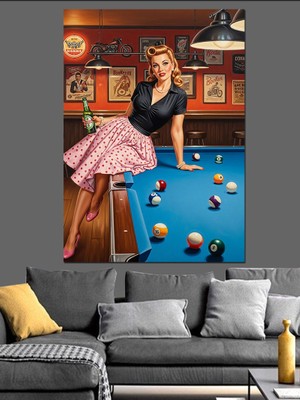 Tablomega Bilardo Masasında Pinup Kadın Dekoratif Kanvas - Mdf Ahşap Tablo