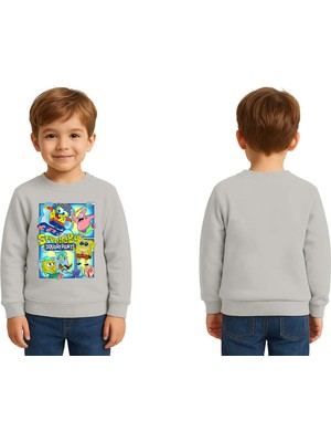 Sedirli Unisex Sünger Bob Baskılı Çocuk Swaetshirt 3 Iplik Şardonlu